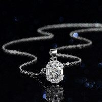 Sterling Silver Natural Blue Topaz Moissanite Necklace Pendant, 1ct, Emerald Cut-Set with white moissanite  925 silver