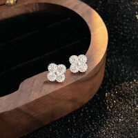 wholesale S925 Sterling Silver Inlaid Zircon Four-Leaf Clover Ear Studs for Women, Exquisite and Minimalist Style Earrings-Sterling silver