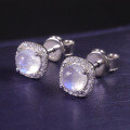 wholesale S925 Sterling Silver Alloy High-End Natural Blue Moonstone Stud Earrings for Women, Round Gemstone Earrings Wholesale-0-1
