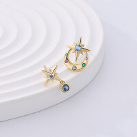 wholesale 925 Sterling Silver Asymmetric Octagram Earrings With Colorful Zirconia For Women-YE0089-Gold 925 Silver