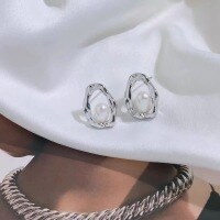 wholesale Metal French Irregular Oval Pearl Earrings, Simple and Luxurious Advanced Earrings-xb191-white gold