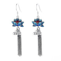wholesale S925 Sterling Silver Creative Resin Lotus Tassel Bell Earrings, Literary Retro Ancient Style Classical Earrings for Women-139FR/6.8g 925 silver