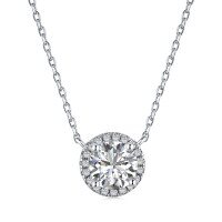 wholesale S925 Sterling Silver Cross-Border One-Carat Round Halo Set Simulated Diamond Ocean Star Pendant Necklace Women's Collarbone Chain-White gold DY190031 chain length 38+6cm