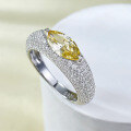 wholesale Metal: 925 Silver New style 5*10 marquise yellow diamond full pave ring for women, simple daily ins style, available for drop shipping-0-5