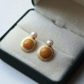 wholesale S925 Silver Vintage Natural Beeswax Pearl Earrings, Mustard Yellow, Simple Retro Style Wholesale-0-0