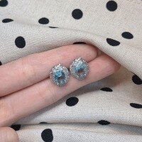 wholesale Sterling Silver Cross-border European and American Aquamarine Stud Earrings for Women, High-end Feel, Full Diamond Inlay, Niche Design, Simple and Elegant, Egg-shaped Ear Accessories-XB113-white gold aquamarine