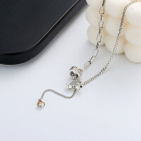 wholesale S925 Sterling Silver Creative Bow Knot with Three-Color Zirconia Tassel Necklace, Super Fairy Design Sense Sweet and Cool Style Necklace-319FL/Champagne color about 12.3g 925 silver