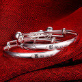 wholesale 999 Sterling Silver Baby Hand and Foot Bracelet with Bell, Adjustable Bangle, Longevity Lock Pendant, Engraved Full Moon and First Birthday Gift-0-3