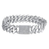 wholesale S925 Sterling Silver Plated Moissanite 14MM Wide Fashion Hip Hop Cuban Men's Bracelet Cross-Border TK Live Factory Direct-Silver with zircon and gold 6.5 inches (length 16.5cm)