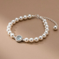 wholesale S925 sterling silver round diamond sea blue topaz Swarovski pearl bracelet, niche French-style luxury women's accessory S6826-S925 silver one Shijiazhu model (with tail chain)>925 silver