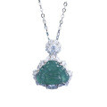 S925 Silver Gold-Plated Diamond Accent Natural Aqua Jadeite Buddha Pendant Necklace-0-3