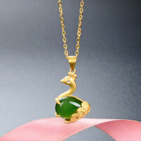 wholesale 925 Sterling Silver Ancient Gold Style Peacock Hetian Jade Pendant Necklace for Women, Ethnic Retro Gemstone Choker Collarbone Chain-Jasper Necklace Ancient Gold &gt;925 Silver