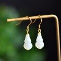 wholesale 925 silver gold-plated metal with gourd and Hetian jade earrings for certificate ancient-style jade ear hook cheongsam Hanfu ear accessories-0-0