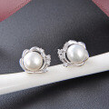 wholesale 925 sterling silver Korean minimalist style synthetic pearl floral earrings, shell pearl fairy-like student ear studs-0-2