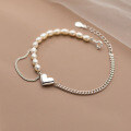 wholesale S925 Silver Heart Pearl Chain Bracelet Korean Style Fresh and Delicate Heart-shaped Women's Hand Jewelry Batch S4756-0-1