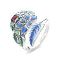 wholesale S925 sterling silver artistic vintage ethnic-style creative colorful epoxy peony flower and leaf design open ring-0-4