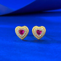 wholesale S925 Silver Gold-Plated Heart Brushed Small Stud Earrings, Stylish and Versatile with a High-End Feel, Mu Jing Jewelry Spring and Summer New Collection-E668 Red Stud Earrings 925 Silver