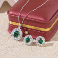 wholesale S925 Sterling Silver New High-end Jewelry Lab-grown Emerald Set 3-carat Oval Pendant and Earrings-Set S925