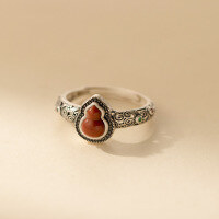 wholesale S925 Sterling Silver Artistic Vintage-style Design Hollow-out Colored Diamond and Red Agate Gourd Ring R02740-S925 silver ring>Adjustable opening
