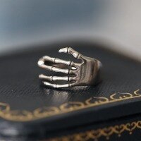 wholesale S925 sterling silver adjustable gothic Halloween skull hand ring-BZ0587-White Gold-Vintage Color>Adjustable opening