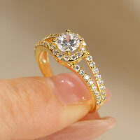 Zirconium Crossed Arms Light Luxury Cocktail Ring, Xiaohongshu Style-Round double-arm diamond ring [K yellow]  US size 6