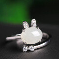 wholesale 925 Sterling Silver with Hetian Jade Inlaid Openable Adjustable Zodiac Rabbit Ring Birthday Gift for Women-0-2