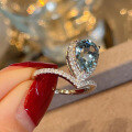 wholesale S925 Sterling Silver Aquamarine Princess Tiara Ring for Women, Small and Unique Design Blue Topaz Pear-shaped Index Finger Ring-0-1