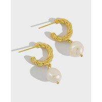 wholesale S925 Sterling Silver Baroque Pearl Twist Hoop Earrings for Women, Korean Style Personality Earrings-18K gold [with sterling silver ear plugs]  925 silver