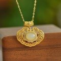 wholesale Gold-plated 925 Sterling Silver Hanfu Accessory Antique Filigree Ruyi Longevity Lock with Egg-Surface Hetian Jade Pendant-0-0