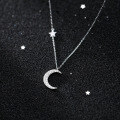 wholesale S925 Sterling Silver Necklace for Women Korean Style Fashion Elegant Diamond-Inlaid Crescent Moon Minimalist Star and Moon Chain D7162-0-0