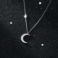 wholesale S925 Sterling Silver Necklace for Women Korean Style Fashion Elegant Diamond-Inlaid Crescent Moon Minimalist Star and Moon Chain D7162-s925 silver necklace 925 silver