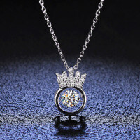 S925 Silver Pendant Moissanite Crown Jumping Heart Necklace for Women-50% Zircon Chain  925 Silver