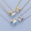 wholesale Sterling Silver Aurora Square Bow Necklace for Women, Korean Style Luxury Crystal Pendant-0-3