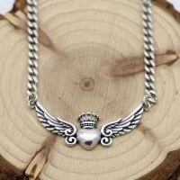 wholesale Sterling Silver S925 Women's Love Crown Wings Letter Pendant Collarbone Necklace Set Vintage Hip-hop Chain-Platinum
