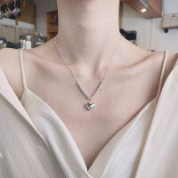 wholesale S925 Sterling Silver Textured Shimmer Bead Interlocking Bouncing Heart Necklace, Korean Style Sweet and Exquisite Pendant-487L/approximately 5.9g 925 silver