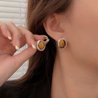 wholesale S925 Sterling Silver Natural Tiger's Eye Stud Earrings for Women, New Arrival, Versatile and Elegant, Advanced Marled Ear Accessories-Gold model - pure silver + natural tiger eye stone