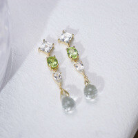 wholesale S925 silver gold-plated natural peridot long crystal stone earrings with a fresh and advanced feel, pure silver earrings for women-Peridot + Topaz + Green Amethyst Earrings 925 Silver