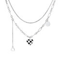 wholesale S925 Sterling Silver Double Layer Tassel Love Heart Black and White Checkerboard Necklace Trendy European and American Fashion Collarbone Chain-0-4