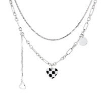 wholesale S925 Sterling Silver Double Layer Tassel Love Heart Black and White Checkerboard Necklace Trendy European and American Fashion Collarbone Chain-344L/approximately 25.6g 925 silver