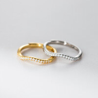 wholesale S925 Sterling Silver Fresh and Sweet Style Minimalist Design Curved Wave Diamond-Inlaid Ring R02703-S925 silver ring silver>opening adjustable
