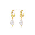 wholesale S925 Sterling Silver Twisted Hoop Earrings with Natural Pearls, Minimalist Style-0-5
