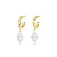 wholesale S925 Sterling Silver Twisted Hoop Earrings with Natural Pearls, Minimalist Style-E3057-Gold 925 Silver