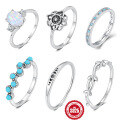 wholesale S925 Sterling Silver Opal Flower Turquoise Ring, Fashionable, Retro, Niche Design for Index or Pinky Finger-0-0