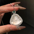 wholesale S925 silver live-streaming style necklace with inlaid natural aventurine Buddha pendant, high-ice chalcedony adjustable drop pendant, available for dropshipping-0-0