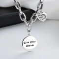 wholesale S925 Sterling Silver Double Loop Egg-shaped Chain with Round Plaque "Dreams Come True" Necklace, Women's Trendy Ins Collarbone Chain-0-3