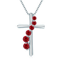 S925 Silver Cross Pendant with Pink Diamond and Sapphire Wholesale-[Cross] January (Pomegranate Red)  925 Silver