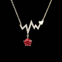 Metal ECG Pendant Necklace with Diamonds, Trendy Ins Style-S925 sterling silver + 1-carat red moissanite