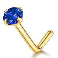 wholesale S925 Sterling Silver Hot Selling European And American L-post Nose Stud With Round Zircon Four-prong Setting Cross-border Nose Piercing Jewelry 20g-Royal Blue S925 Gold (single)