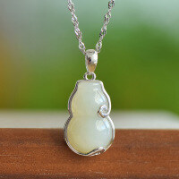 wholesale 925 silver Chinese palace cheongsam Hanfu necklace with Hetian white jade Fu character inlaid gourd pendant-Silver White Jade Gourd Pendant (without chain)  925 Silver