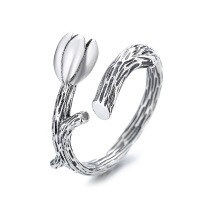 wholesale S925 Sterling Silver Casual Style Branches Texture 3D Lotus Bud Thai Silver Ring Creative Design Band-548FJ/approx. 3.4g Adjustable opening